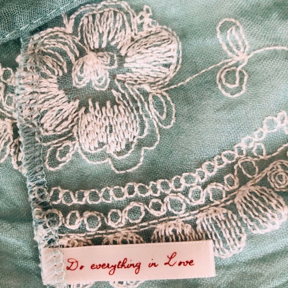 Teal Green Circular Cotton Scarf With Embroidery - Picture 2 of 4